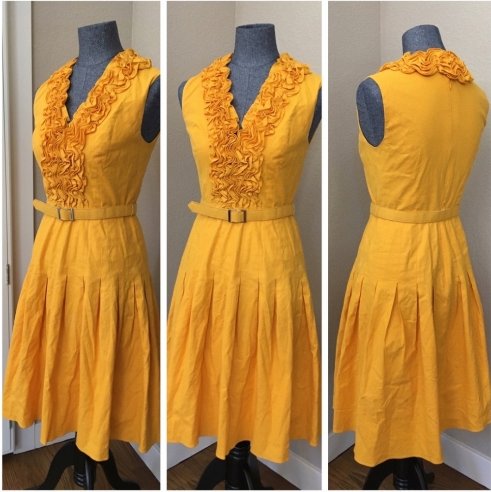 Cache Golden Yellow Ruffle Midi Dress Size 12 • Romantic Vintage-Inspired Style - Picture 3 of 13
